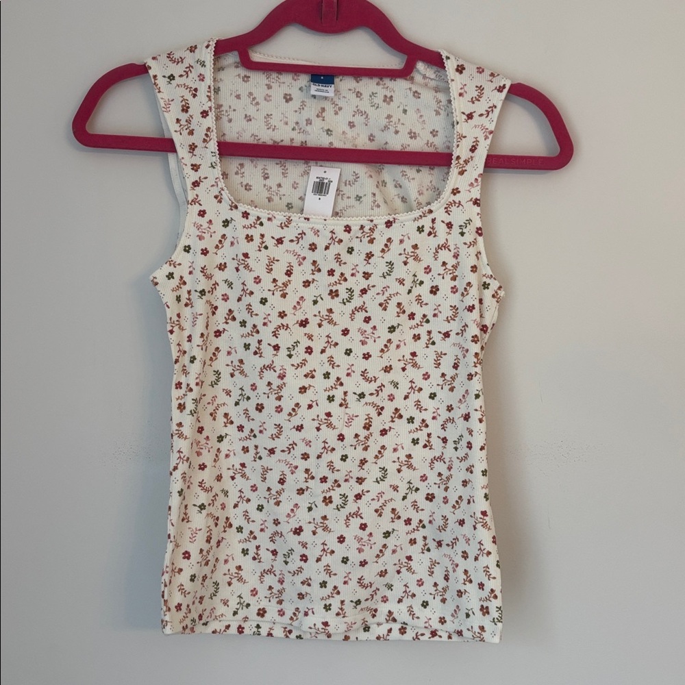 Old Navy Cream Floral Ribbed Top with Pink & Brown Accents